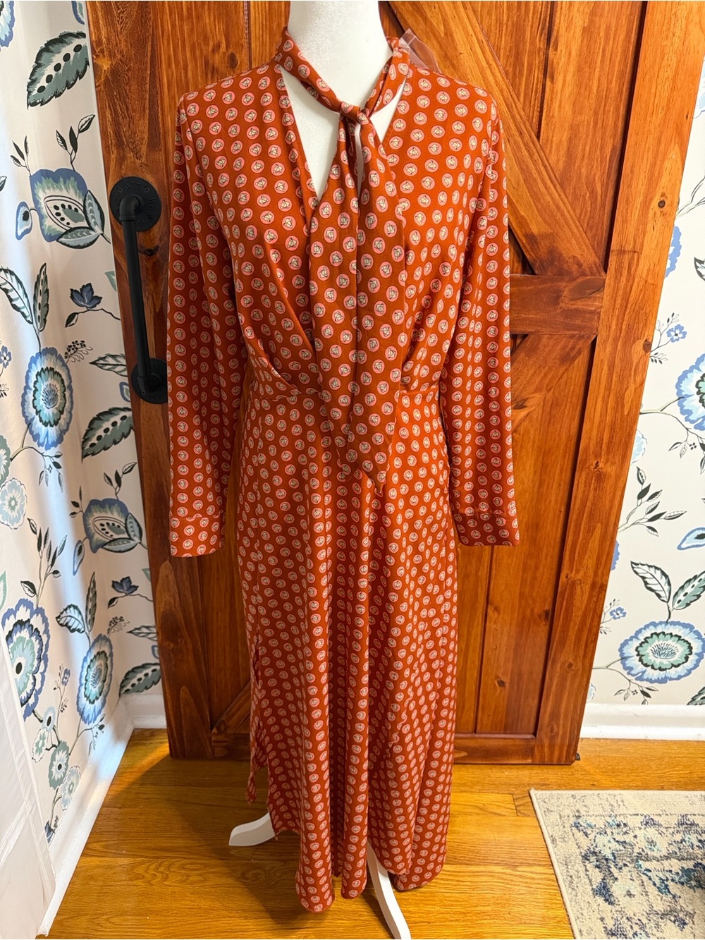 Topshop Horse Coin Midi Dress Coral Long Sleeve Neck Tie Scarf Size 8